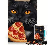 Rompecabezas para Adolescentes de 1000 Piezas Gato Negro Comiendo una Rebanada de Pizza Piezas de Corte Limpio Juego Inteligente Regalo Tiempo Libre Juego Escena navideña Arte (38x26cm)