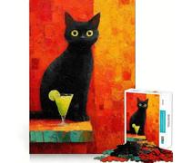 Rompecabezas para Adolescentes de 1000 Piezas Gato Negro con cóctel,Pintura,Arte de Borde Premium,Juego de concentración Mental,diversión para el Tiempo Libre,Regalo artístico de Navidad 38x26cm