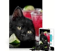 Rompecabezas para Adolescentes de 1000 Piezas Gato Negro con cócteles y Lima Diseño de Borde Premium Juego de concentración Mental,Ideal para Momentos de Ocio 38x26cm
