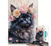 Rompecabezas para Adolescentes de 1000 Piezas Gato Negro con Corona de Flores,Acuarela,diseño de Bordes precisos,Juego de concentración,Regalo Ideal para Momentos de Relax,Escena navideña 50x75cm