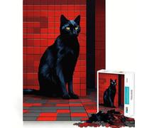 Rompecabezas para Adolescentes de 1000 Piezas Gato Negro con Fondo de Azulejos Rojos,diseño de Bordes precisos,Juego de concentración,Regalo Ideal para Momentos de Relax,Escena navideña 38x52cm
