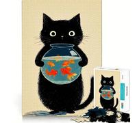 Rompecabezas para Adolescentes de 1000 Piezas Gato Negro con pecera,diseño de Bordes precisos,Juego Divertido para concentrarse,Momento de diversión Tranquilo, Tranquilo 38x52cm