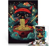 Rompecabezas para Adolescentes de 1000 Piezas Gato Negro con un pañuelo Rojo disfrutando de Comer Fideos Ramen Desafiante Difícil Apto para Parejas 38x26cm