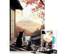 Rompecabezas para Adolescentes de 1000 Piezas Gato Negro contemplando el Monte Fuji Piezas de Ajuste preciso Juguete Divertido y silencioso Ideal para cumpleaños y Actividades artísticas (38x52cm)