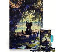 Rompecabezas para Adolescentes de 1000 Piezas Gato Negro en un Barco sobre el Agua Piezas de Ajuste preciso Juguete lógico y Divertido Juego Tranquilo Juego de Arte para cumpleaños (38x52cm)