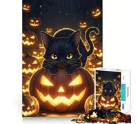 Rompecabezas para Adolescentes de 1000 Piezas Gato Negro en un Campo de Calabazas de Halloween Diseño Juego de concentración Mental,Ideal para Momentos de Ocio