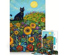 Rompecabezas para Adolescentes de 1000 Piezas Gato Negro en un Campo de Girasoles,Encaje Juguete Creativo,para el Tiempo Libre, 38x26cm