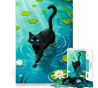 Rompecabezas para Adolescentes de 1000 Piezas Gato Negro en un Estanque de nenúfares,diseño de Bordes precisos,Juego Divertido y Relajante,Regalo navideño Tranquilo 50x75cm