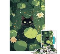 Rompecabezas para Adolescentes de 1000 Piezas Gato Negro en un Estanque de nenúfares Juego desafiante Juguetes educativos Juego para Mejorar la Memoria Regalos de Amigo Invisible (Tamaño 38x26cm)