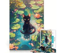 Rompecabezas para Adolescentes de 1000 Piezas Gato Negro en un Estanque de nenúfares Lindo Gato Bordes impecables Divertido Juego Regalo Ideal para un Momento Acogedor y Divertido de Pared navideño