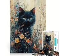 Rompecabezas para Adolescentes de 1000 Piezas Gato Negro Entre Flores,diseño de Bordes, Juego para concentrarse,diversión para el Tiempo Libre,Regalo artístico de Navidad 38x26cm