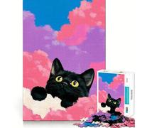 Rompecabezas para Adolescentes de 1000 Piezas Gato Negro Entre Nubes Rosas,diseño de Bordes precisos,Juego Divertido y Relajante,Regalo navideño Ideal 38x26cm