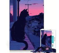 Rompecabezas para Adolescentes de 1000 Piezas,Gato Negro,Estilo Retro,Rosa,con bordess,Ideal para Jugar y Relajarse Juego de Mesa, Pasar un Buen rato y Disfrutar de una Escena