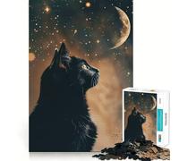 Rompecabezas para Adolescentes de 1000 Piezas Gato Negro Mirando a la Luna Decoración de Corte preciso Juguete Creativo y Divertido Juego de Paz Pieza de Arte navideña (38x26cm)