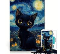 Rompecabezas para Adolescentes de 1000 Piezas Gato Negro,Noche Estrellada,Arte de Borde Premium,Juego de concentración Mental,Diversión para el Tiempo Libre,Regalo artístico de Navidad 50x75cm