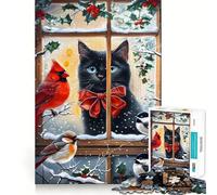 Rompecabezas para Adolescentes de 1000 Piezas Gato Negro,pájaros,Ventana de Invierno,Arte de Corte Fino,Actividad para la Mente Inteligente,Juego Acogedor, Tranquilo (38x26cm)