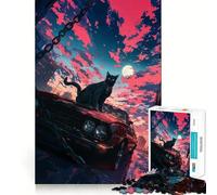 Rompecabezas para Adolescentes de 1000 Piezas Gato Negro sobre un Coche,diseño de Bordes precisos,Juego Divertido y Relajante,Regalo navideño Tranquilo 50x75cm