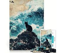 Rompecabezas para Adolescentes de 1000 Piezas Gato Negro sobre una Roca con Olas Encaje Juguete artístico y Creativo,Ideal para el Tiempo Libre 38x26cm
