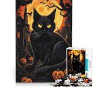 Rompecabezas para Adolescentes de 1000 Piezas Gato Negro y Calabazas de Halloween, Juego práctico, Actividades Divertidas para Hacer en casa, con póster y Hoja de Preguntas a Juego 38x26cm