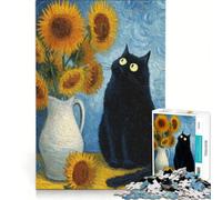 Rompecabezas para Adolescentes de 1000 Piezas: Gato Negro y Girasoles al Estilo Van Gogh Juguetes antiestrés, Ideales para Relajarse y para Disfrutar de un Momento de Ocio