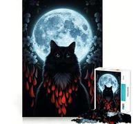 Rompecabezas para Adolescentes de 1000 Piezas Gato Negro y Luna,Arte Digital,Arte de Corte Fino,Actividad para desarrollar la Mente,Juego Relajante, Tranquilo (38x52cm)