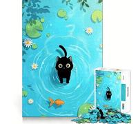 Rompecabezas para Adolescentes de 1000 Piezas Gato Negro y pez Dorado en un Estanque Corte Premium Diversión,lógica y Habilidad Fácil de Jugar Decoración navideña (38x26cm)