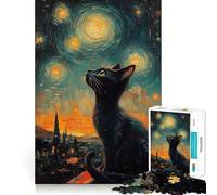 Rompecabezas para Adolescentes de 1000 Piezas Gato,Noche Estrellada,Bordes impecables,Juego Divertido para Pensar,Momento Acogedor,Arte navideño para exhibir (38x26cm)