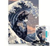 Rompecabezas para Adolescentes de 1000 Piezas Gato,Ola,Estilo japonés,Bordes impecables,Juego Divertido para Pensar,Momento Acogedor,Arte navideño para exhibir (38x26cm)