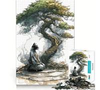 Rompecabezas para Adolescentes de 1000 Piezas Gato samurái meditando bajo un bonsái Bordes impecables Divertido Juego para Pensar Momento Acogedor y Divertido Decoración navideña (38x26cm)