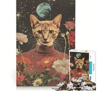 Rompecabezas para Adolescentes de 1000 Piezas: Gato sobre Flores en el Espacio Juego práctico Ideal para Pasar el Tiempo en casa Durante Las Vacaciones con póster y Hoja de Preguntas a Juego 50x75cm