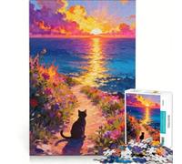 Rompecabezas para Adolescentes de 1000 Piezas: Gato Viendo la Puesta de Sol Junto al mar Juego Educativo Ideal para Reducir el estrés Amantes de los Videojuegos 38x26cm