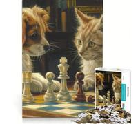 Rompecabezas para Adolescentes de 1000 Piezas: Gato y Perro Jugando al ajedrez Juego práctico para Mejorar la Memoria Regalo Ideal para Amigos y Familiares 38x26cm