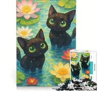 Rompecabezas para Adolescentes de 1000 Piezas: Gatos Negros de Anime en un Estanque de nenúfares Juegos relajantes, de análisis y lógica, Que mejoran el Amor Entre Parejas 50x75cm