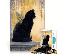 Rompecabezas para Adolescentes de 1000 Piezas Hada Gata Negra con alas Doradas,Encaje, Arte,Juego cognitivo,Regalo,Juego Lento, (50x75cm)