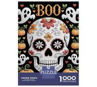 Rompecabezas Para Adolescentes De 1000 Piezas Halloween Embroidery Skull with Pumpkins And Ghosts Rompecabezas Para Adultos Juguetes Antiestrés Decoración De Pared Interacción Entre Padres E Hijos 52x