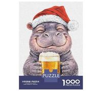 Rompecabezas para Adolescentes De 1000 Piezas Happy Hippo with Christmas Beer Rompecabezas para Adultos Juegos Relajantes Regalos para Mujeres Regalos De Juegos Desafiantes 52x38cm/1000pcs