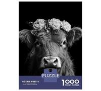Rompecabezas para Adolescentes De 1000 Piezas Highland Cow with Flower Crown Black and White Photo Portrait Rompecabezas Juguetes Antiestrés Corte De Precisión Cumpleaños 38x26cm/1