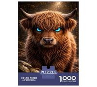 Rompecabezas para Adolescentes De 1000 Piezas Highland Cow with Glowing Blue Eyes Rompecabezas para Adultos Juego De Ingenio Una Obra De Arte Actividades Divertidas En Casa 38x26cm/1000pcs