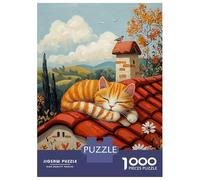 Rompecabezas Para Adolescentes De 1000 Piezas Lazy Rooftop Cat - Naïf Cozy Countryside Art Rompecabezas Para Adultos Juguete Decoración De Pared Carrera De Velocidad Manual Desafío Educativo 70x50cm/1