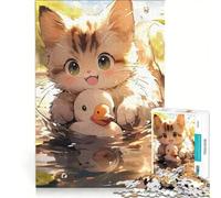 Rompecabezas para Adolescentes de 1000 Piezas: Lindo Gatito con un Patito de Juguete en el Agua, Juegos educativos, decoración de Pared, con póster y Hoja de Preguntas a Juego 50x75cm