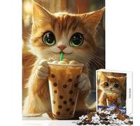 Rompecabezas para Adolescentes de 1000 Piezas Lindo Gato con té Boba Juguetes antiestrés Grandes Regalos y Juguetes Juego Familiar Entrena tu Cerebro y Tus Manos tamaño 38x26cm