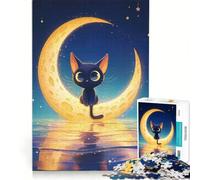 Rompecabezas para Adolescentes de 1000 Piezas: Lindo Gato Negro sobre Luna Creciente, decoración de Pared, difícil y desafiante, Regalo de Juego desafiante 38x26cm
