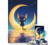 Rompecabezas para Adolescentes de 1000 Piezas: Lindo Gato Negro sobre Luna Creciente, Juguete Educativo, Mejora la Memoria, con póster y Hoja de Preguntas a Juego 50x75cm