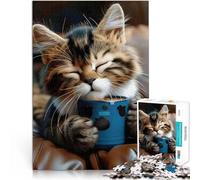 Rompecabezas para Adolescentes de 1000 Piezas Lindo Gato Tomando café Juego de Preguntas con Piezas de Formas aleatorias Que se entrelazan Completamente 38x26cm