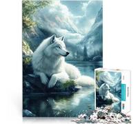Rompecabezas para Adolescentes de 1000 Piezas Lobo Blanco Junto al Lago Difícil Difícil Decoración de Pared cumpleaños y Navidad 52x38cm