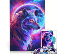 Rompecabezas para Adolescentes de 1000 Piezas Lobo místico bajo la Luna de neón Juego práctico para divertirse en Familia Toda la Familia 50x75cm