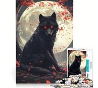Rompecabezas para Adolescentes de 1000 Piezas: Lobo Negro bajo la Luna Llena Juegos relajantes, Actividades Familiares, con póster y Hoja de Preguntas a Juego 38x26cm