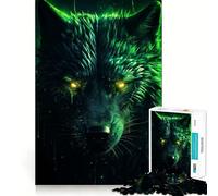 Rompecabezas para Adolescentes de 1000 Piezas Lobo Negro con Aura Verde,Encaje, Juguete artístico y Creativo,Ideal para el Tiempo Libre 38x52cm