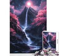 Rompecabezas para adolescentes de 1000 piezas luna brillante cascada cerezos en flor montaña juguete educativo regalo de cumpleaños juegos educativos con póster a juego y hoja de trivia tamaño 38x26cm