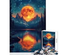 Rompecabezas para Adolescentes de 1000 Piezas: Luna Llena sobre un Lago de montaña Juguete Educativo Gran Regalo para Juegos Juego Imposible con póster a Juego y Hoja de Trivia Tamaño 38x26cm